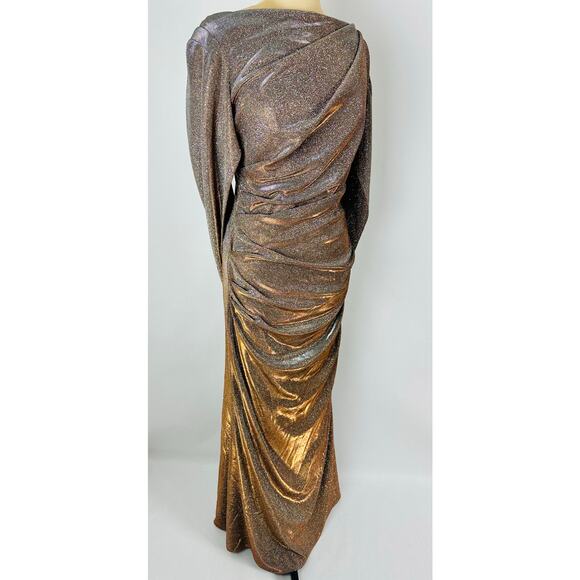 Betsey & Adam Size 14 Cape Sleeve Drape Metallic Evening Gown Taupe Modest $258 - Picture 2 of 14